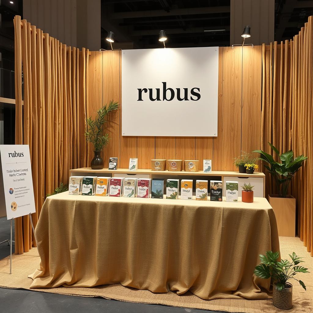 A cozy and eco-friendly large stand setup for a herbal cigarettes brand called rubus