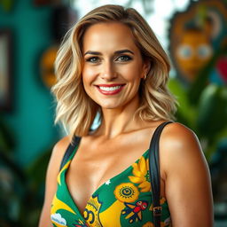 A portrait of an attractive woman over 30 years old, wearing stylish yet modest clothing that does not include any cleavage
