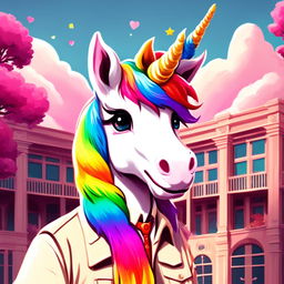 Rainbow unicorn furry in a Wes Anderson-inspired setting radiating pure love.