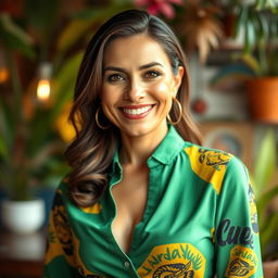 A portrait of an attractive woman over 30 years old, wearing stylish yet modest clothing that does not include any cleavage