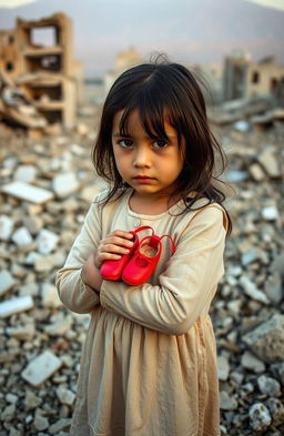 A poignant scene of an 8-year-old girl standing amidst the rubble of the Bam earthquake in Iran