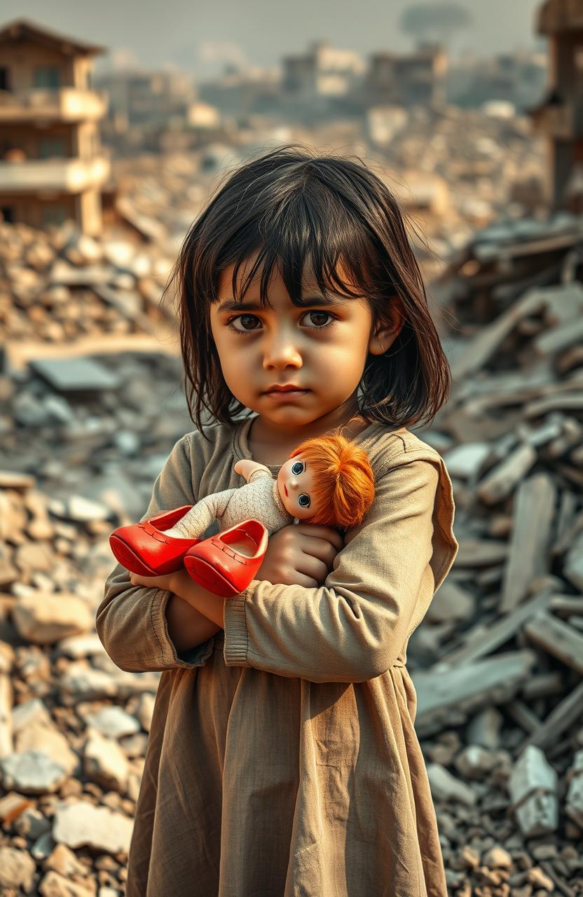 A poignant scene of an 8-year-old girl standing amidst the rubble of the Bam earthquake in Iran