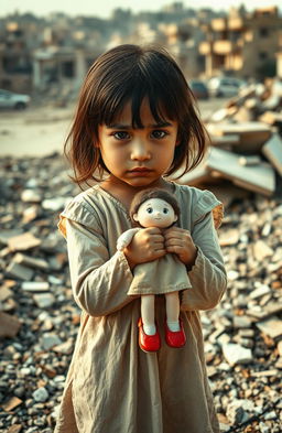 A poignant scene of an 8-year-old girl standing amidst the rubble of the Bam earthquake in Iran