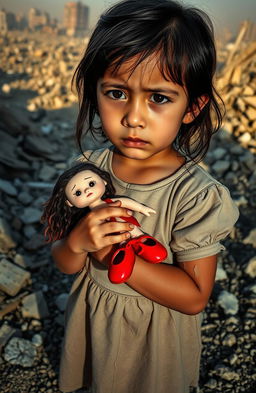 A poignant scene of an 8-year-old girl standing amidst the rubble of the Bam earthquake in Iran