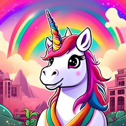 Rainbow unicorn furry in a Wes Anderson-inspired setting radiating pure love.