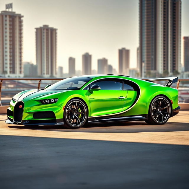 A stunning Bugatti Chiron in a vibrant green color, showcasing its sleek and aerodynamic design