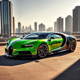 A stunning Bugatti Chiron in a vibrant green color, showcasing its sleek and aerodynamic design