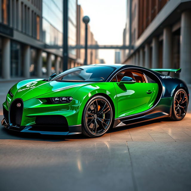 A Bugatti Chiron painted in a vibrant green color, showcasing its sleek design and aerodynamic features