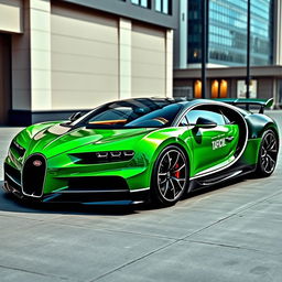 A Bugatti Chiron painted in a vibrant green color, showcasing its sleek design and aerodynamic features
