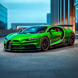 A Bugatti Chiron painted in a vibrant green color, showcasing its sleek design and aerodynamic features