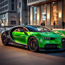 A Bugatti Chiron painted in a vibrant green color, showcasing its sleek design and aerodynamic features