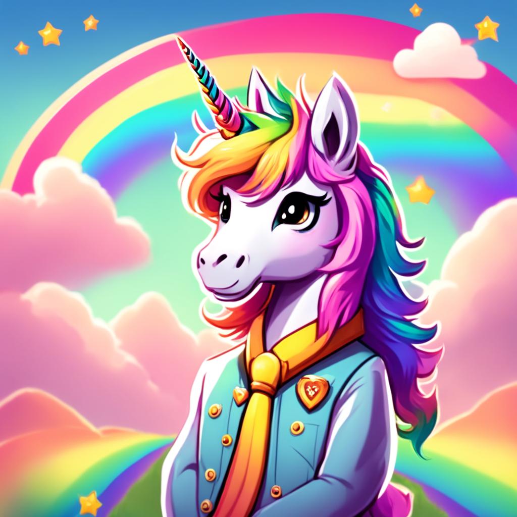 Rainbow unicorn furry in a Wes Anderson-inspired setting radiating pure love.