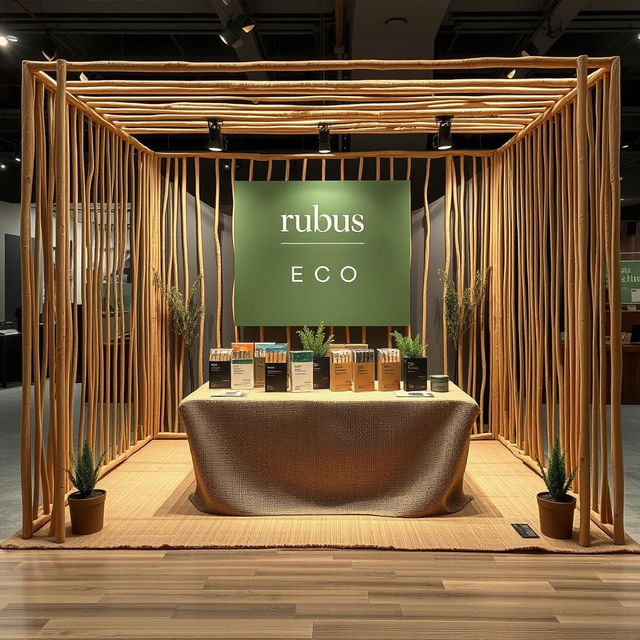 A cozy and eco-friendly large stand setup for a herbal cigarettes brand called rubus