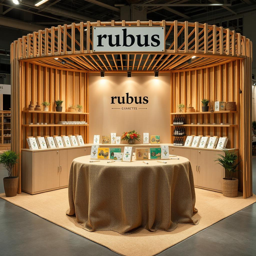 A cozy and eco-friendly large stand setup for a herbal cigarettes brand called rubus