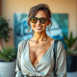 A portrait of a stylish woman over 30 years old, dressed in fashionable attire that does not reveal any cleavage