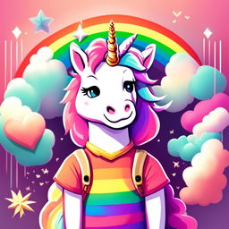 Rainbow unicorn furry in a Wes Anderson-inspired setting radiating pure love.