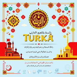 A visually striking cover design for an international scientific-practical conference titled 'History of Turkic-speaking peoples, culture of science, language, and prospects for socio-economic cooperation