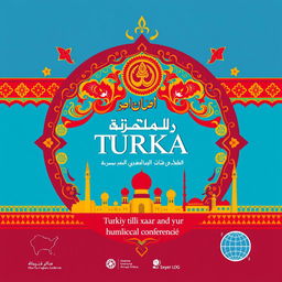 A visually striking cover design for an international scientific-practical conference titled 'History of Turkic-speaking peoples, culture of science, language, and prospects for socio-economic cooperation