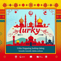 A visually striking cover design for an international scientific-practical conference titled 'History of Turkic-speaking peoples, culture of science, language, and prospects for socio-economic cooperation