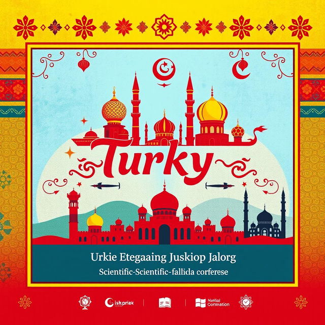 A visually striking cover design for an international scientific-practical conference titled 'History of Turkic-speaking peoples, culture of science, language, and prospects for socio-economic cooperation