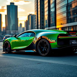 A stunning Bugatti Chiron in a vibrant green color, prominently featuring the brand name 'TAFICUL RUSSIAN GRL' in elegant typography across the side