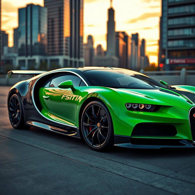 A stunning Bugatti Chiron in a vibrant green color, prominently featuring the brand name 'TAFICUL RUSSIAN GRL' in elegant typography across the side