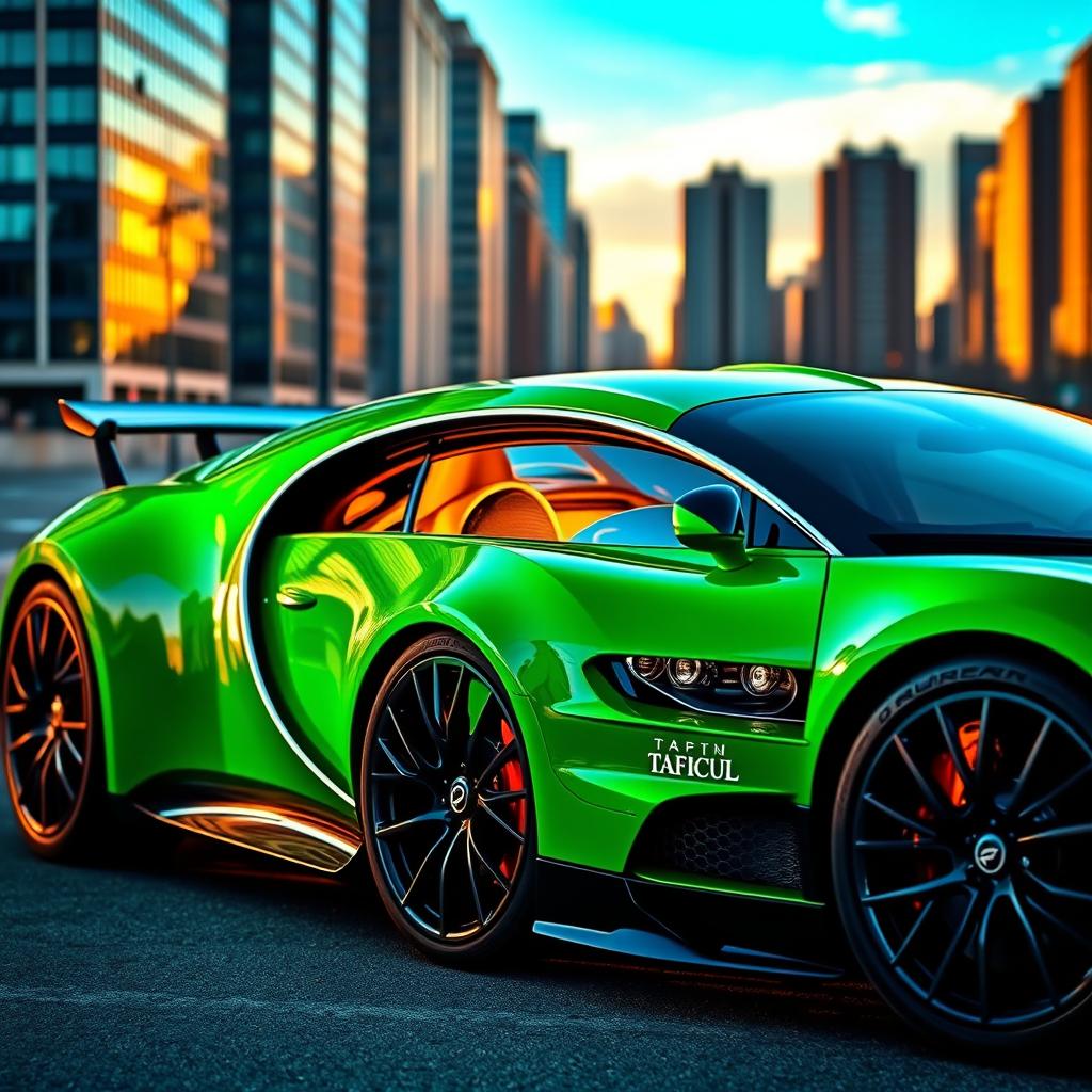 A stunning Bugatti Chiron in a vibrant green color, prominently featuring the brand name 'TAFICUL RUSSIAN GRL' in elegant typography across the side