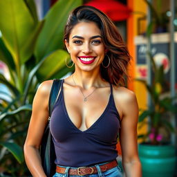 A vibrant portrait of a stylish woman over 30 years old, dressed in fashionable attire that does not reveal any cleavage