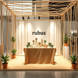 A cozy and eco-friendly large stand setup for a herbal cigarettes brand called rubus, with a designated space left blank for the brand name