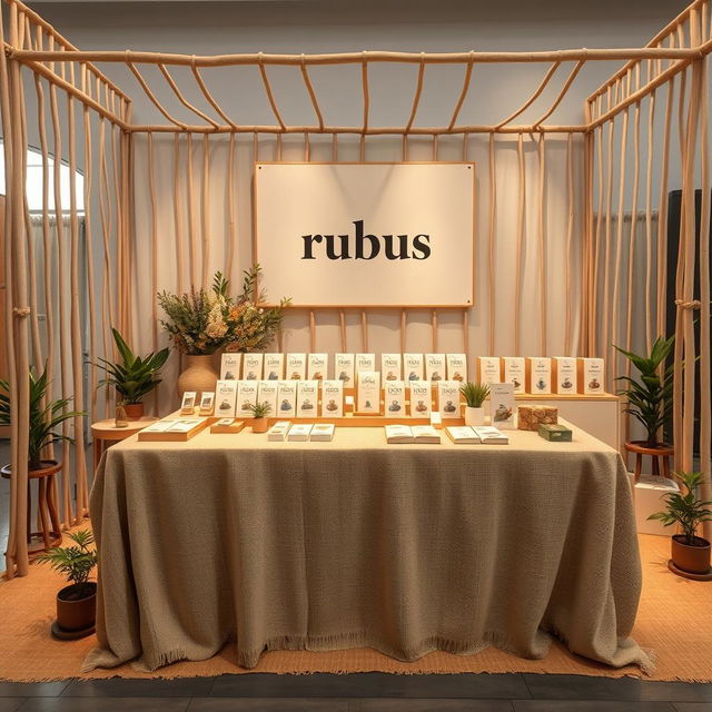 A cozy and eco-friendly large stand setup for a herbal cigarettes brand called rubus, with a designated space left blank for the brand name