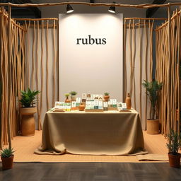 A cozy and eco-friendly large stand setup for a herbal cigarettes brand called rubus, with a designated space left blank for the brand name