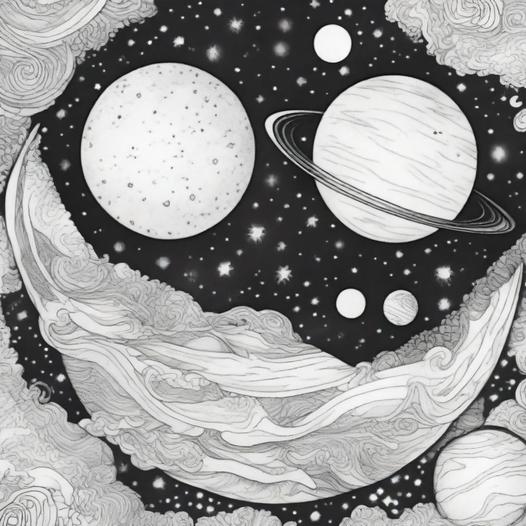 A celestial coloring book page bursting with clean lines