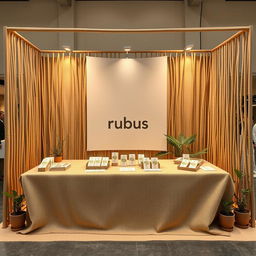 A cozy and eco-friendly large stand setup for a herbal cigarettes brand called rubus, with a designated space left blank for the brand name