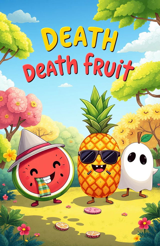 A whimsical and colorful illustration of a vibrant fantasy world where adorable cartoon fruits come to life, embodying the theme of 'death fruit'