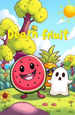 A whimsical and colorful illustration of a vibrant fantasy world where adorable cartoon fruits come to life, embodying the theme of 'death fruit'