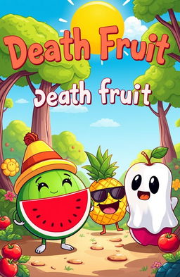 A whimsical and colorful illustration of a vibrant fantasy world where adorable cartoon fruits come to life, embodying the theme of 'death fruit'