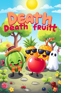 A whimsical and colorful illustration of a vibrant fantasy world where adorable cartoon fruits come to life, embodying the theme of 'death fruit'