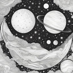 A celestial coloring book page bursting with clean lines