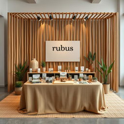 A cozy and eco-friendly large stand setup for a herbal cigarettes brand called rubus, with a designated blank space for the brand name to be added later