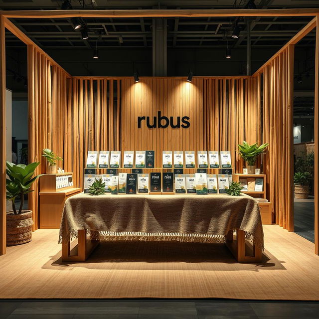 A cozy and eco-friendly large stand setup for a herbal cigarettes brand called rubus, with a designated blank space for the brand name to be added later