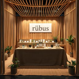 A cozy and eco-friendly large stand setup for a herbal cigarettes brand called rubus, with a designated blank space for the brand name to be added later