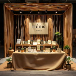 A cozy and eco-friendly large stand setup for a herbal cigarettes brand called rubus, with a designated blank space for the brand name to be added later
