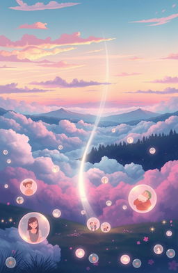 A beautifully illustrated scene representing the concept of memories, featuring a dreamy landscape filled with ethereal clouds and vibrant colors