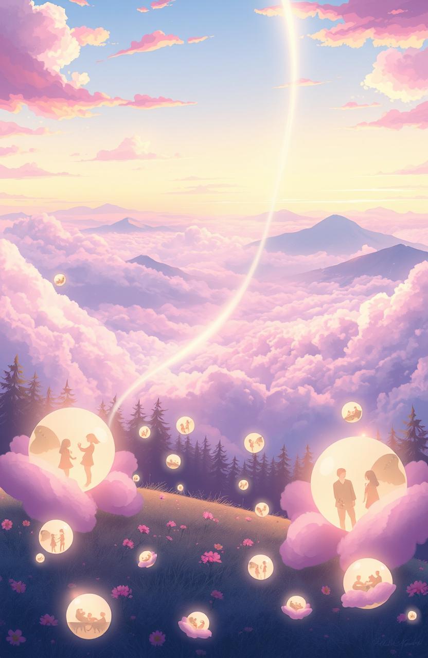 A beautifully illustrated scene representing the concept of memories, featuring a dreamy landscape filled with ethereal clouds and vibrant colors