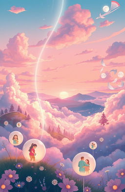 A beautifully illustrated scene representing the concept of memories, featuring a dreamy landscape filled with ethereal clouds and vibrant colors