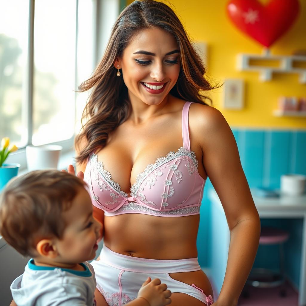 A vibrant and playful scene featuring a sexy nurse in alluring lingerie, showcasing a captivating bra that highlights her figure