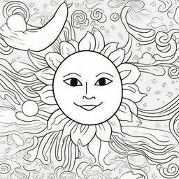 A coloring book page adorned with a celestial scene of a sun and moon, crafted with clean, crisp lines