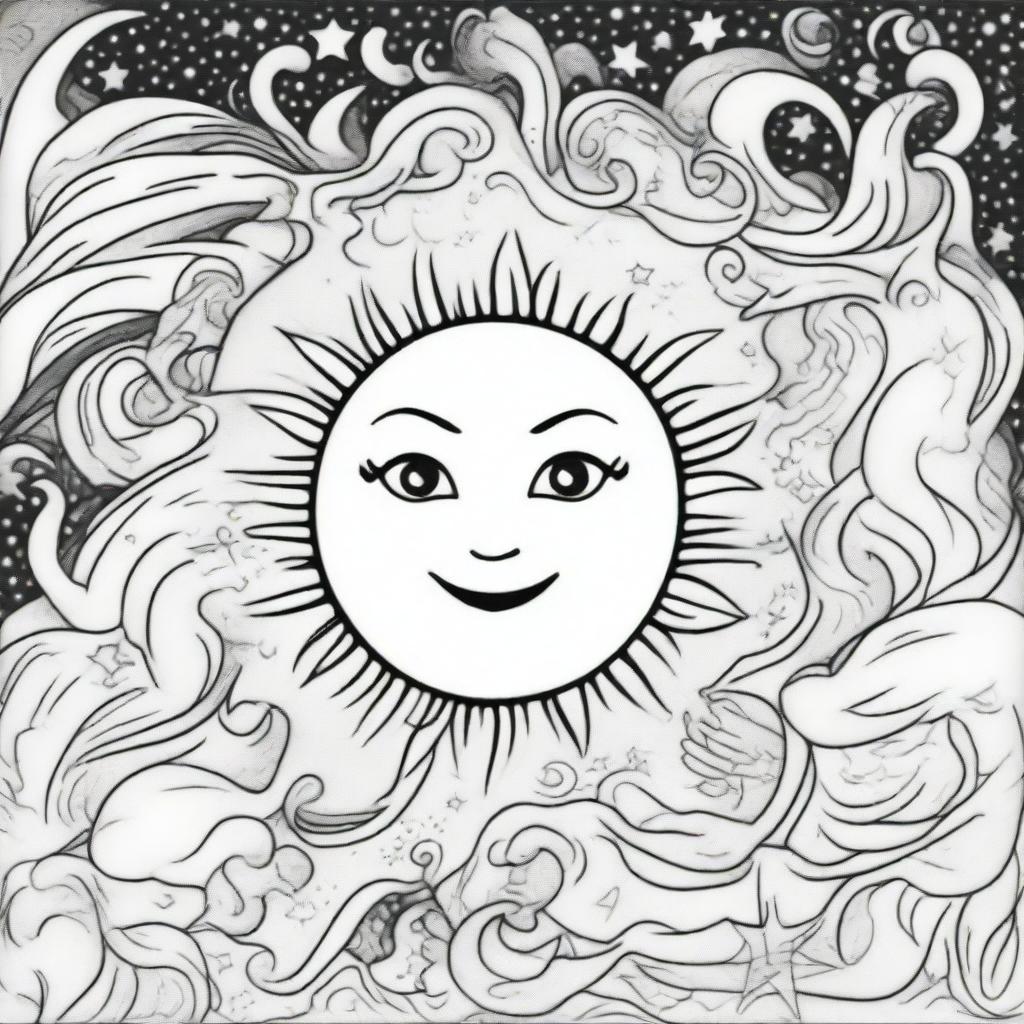 A coloring book page adorned with a celestial scene of a sun and moon, crafted with clean, crisp lines