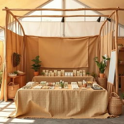 A cozy and eco-friendly large bazaar setup for a herbal cigarettes brand called rubus, featuring an area left blank for the brand name to be added later
