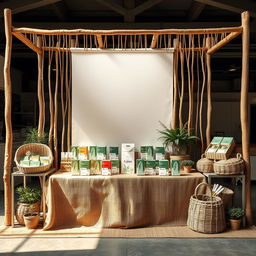 A cozy and eco-friendly large bazaar setup for a herbal cigarettes brand called rubus, featuring an area left blank for the brand name to be added later